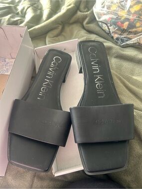 Calvin Klein Black Square-Toe Slide Sandals